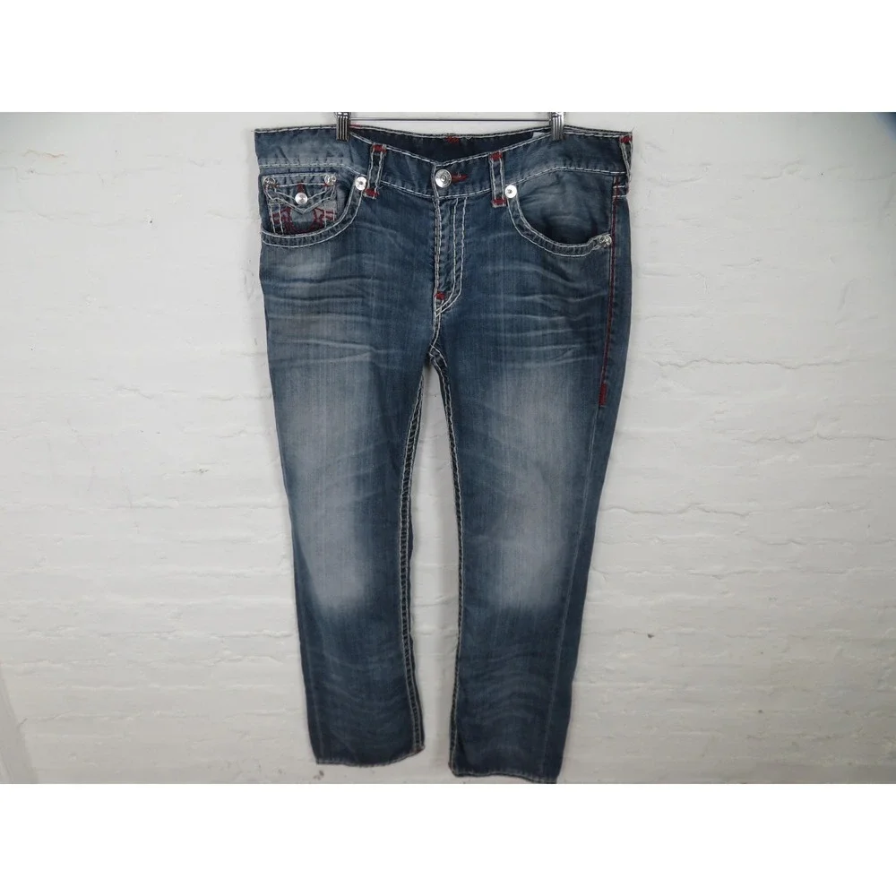 Vtg True Religion Red Super T Jeans Mens 38x34 Thick Stitch Flap Pockets Blue